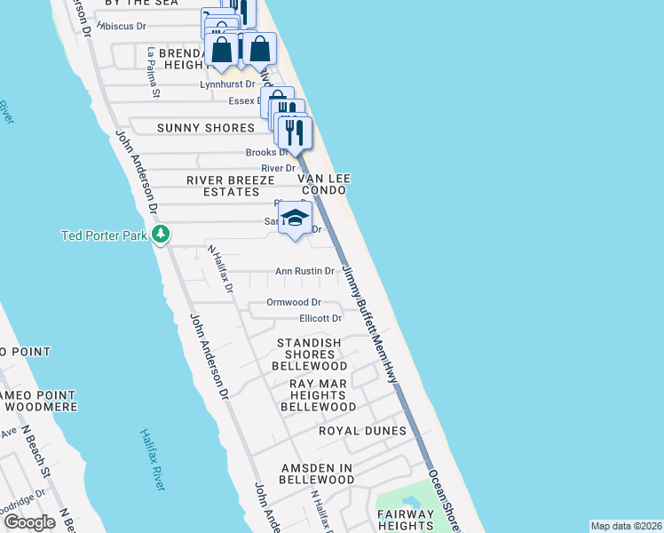 map of restaurants, bars, coffee shops, grocery stores, and more near 219 Ann Rustin Drive in Ormond Beach