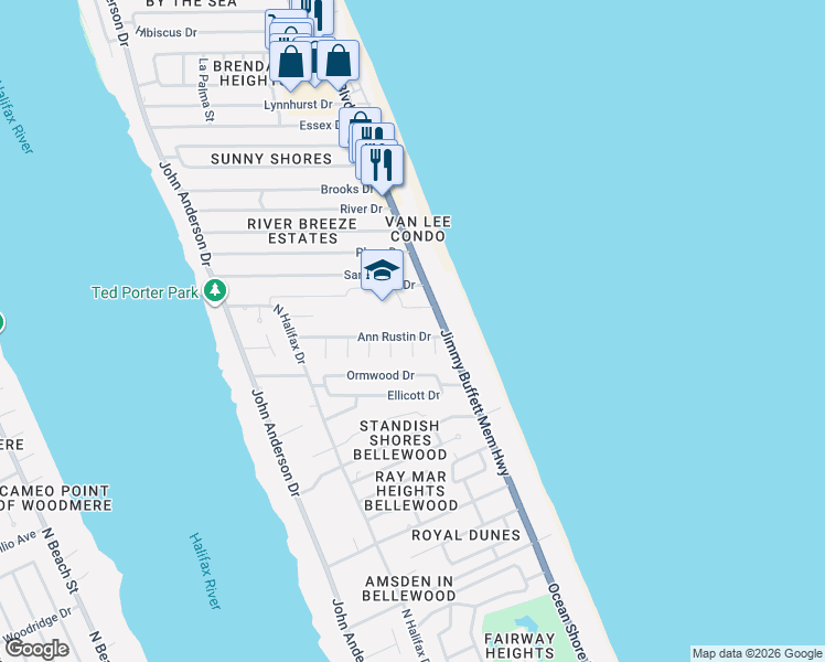 map of restaurants, bars, coffee shops, grocery stores, and more near 219 Ann Rustin Drive in Ormond Beach