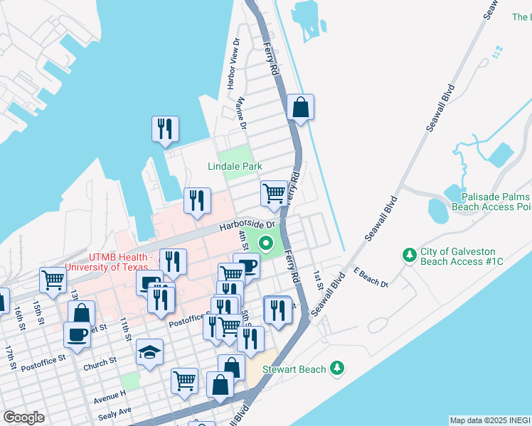 map of restaurants, bars, coffee shops, grocery stores, and more near 210 Strand Street in Galveston