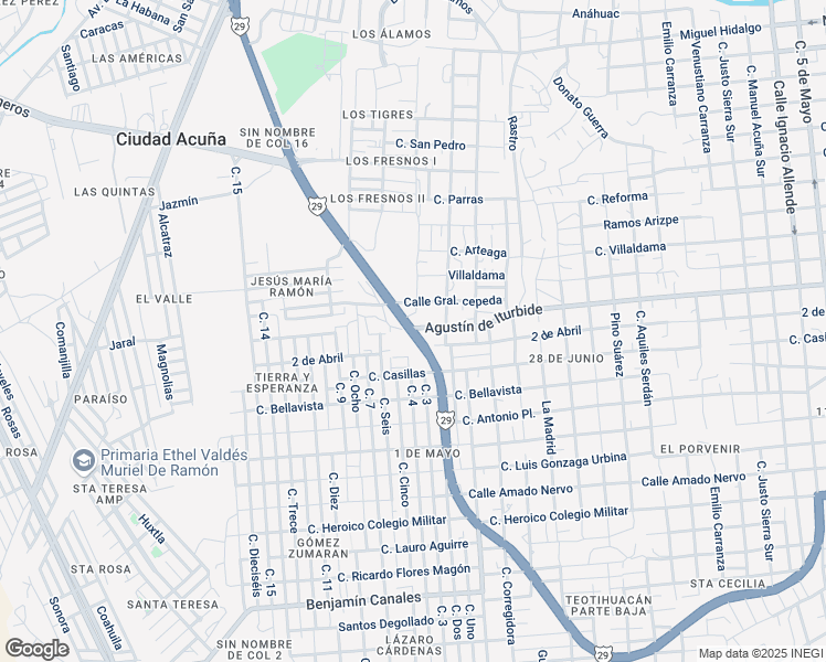 map of restaurants, bars, coffee shops, grocery stores, and more near Libramiento Jose de las Fuentes Rodriguez in Ciudad Acuña