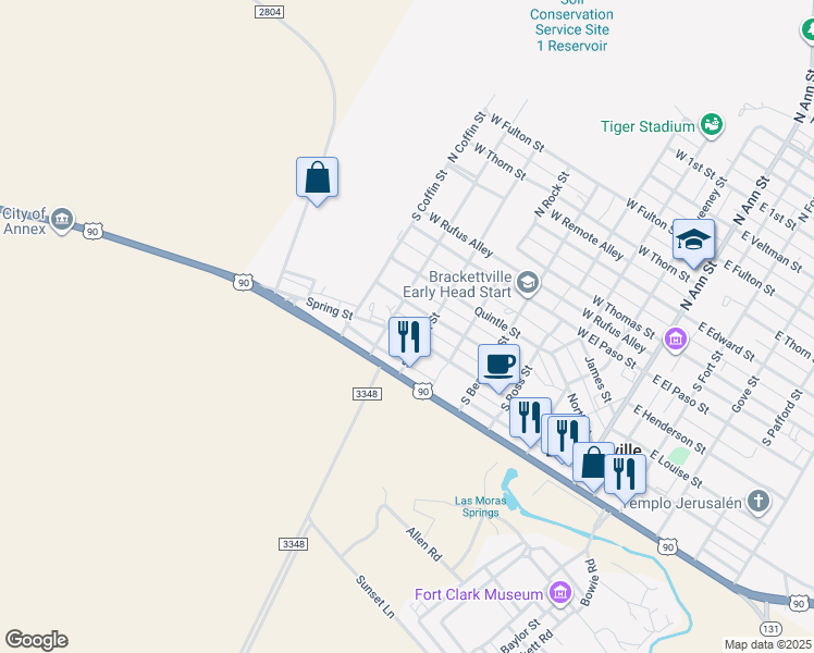 map of restaurants, bars, coffee shops, grocery stores, and more near 714 Thru 7 West Spring Street in Brackettville