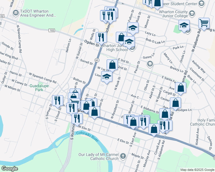 map of restaurants, bars, coffee shops, grocery stores, and more near 504 North Fulton Street in Wharton