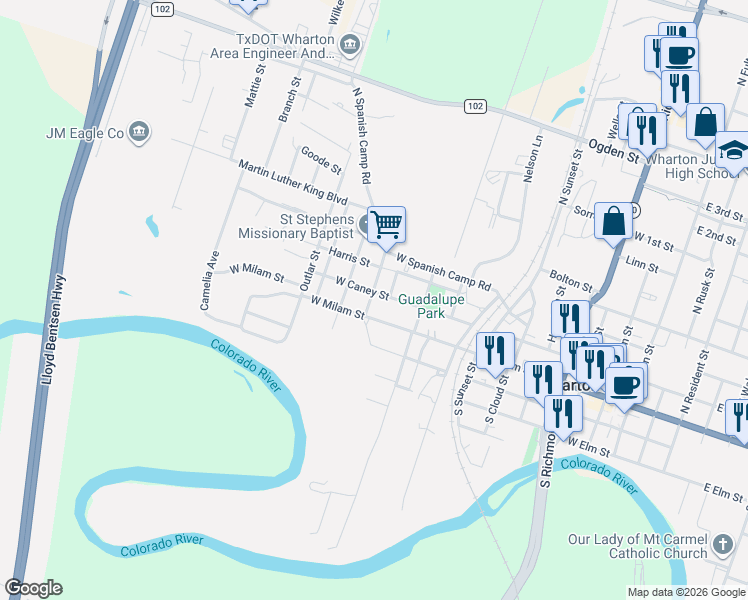 map of restaurants, bars, coffee shops, grocery stores, and more near 1117 West Caney Street in Wharton
