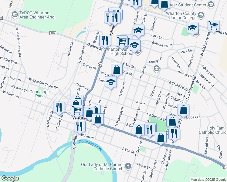 map of restaurants, bars, coffee shops, grocery stores, and more near 504 North Fulton Street in Wharton