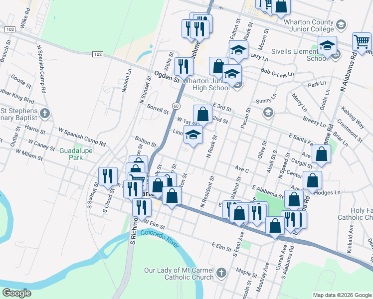 map of restaurants, bars, coffee shops, grocery stores, and more near 419 North Fulton Street in Wharton