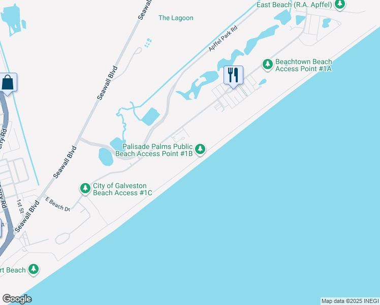 map of restaurants, bars, coffee shops, grocery stores, and more near 801 East Beach Drive in Galveston