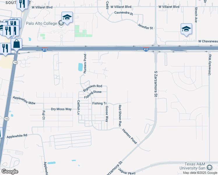 map of restaurants, bars, coffee shops, grocery stores, and more near 10318 Goose Way in San Antonio