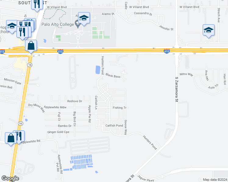 map of restaurants, bars, coffee shops, grocery stores, and more near 2106 Bigmouth Rod in San Antonio