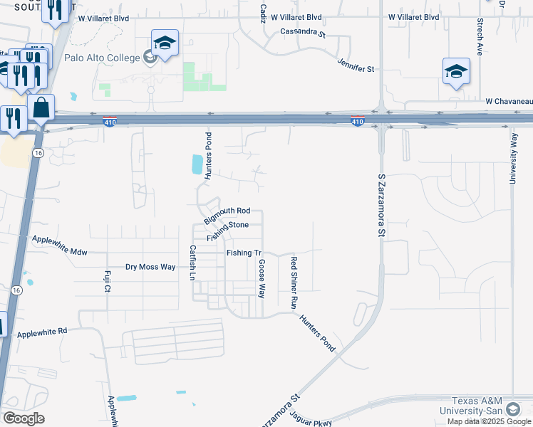 map of restaurants, bars, coffee shops, grocery stores, and more near 10318 Goose Way in San Antonio