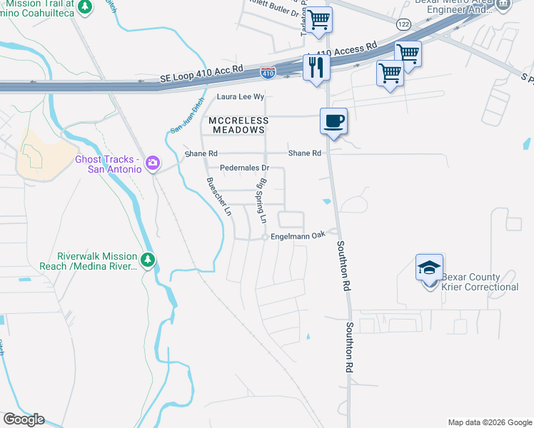 map of restaurants, bars, coffee shops, grocery stores, and more near 10231 Divide Mount in San Antonio