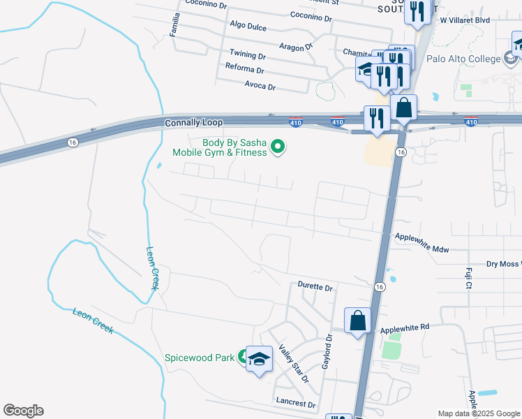 map of restaurants, bars, coffee shops, grocery stores, and more near 10363 State Highway 16 South in San Antonio
