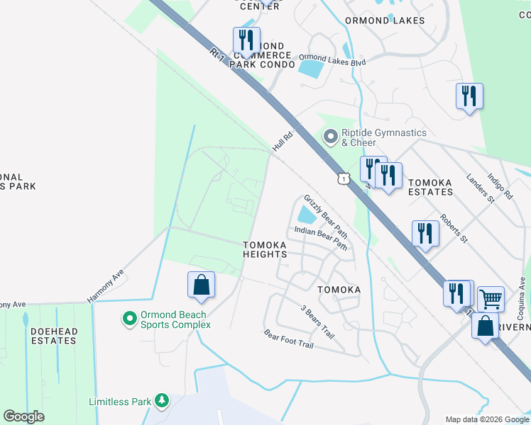 map of restaurants, bars, coffee shops, grocery stores, and more near 855 Hull Road in Ormond Beach