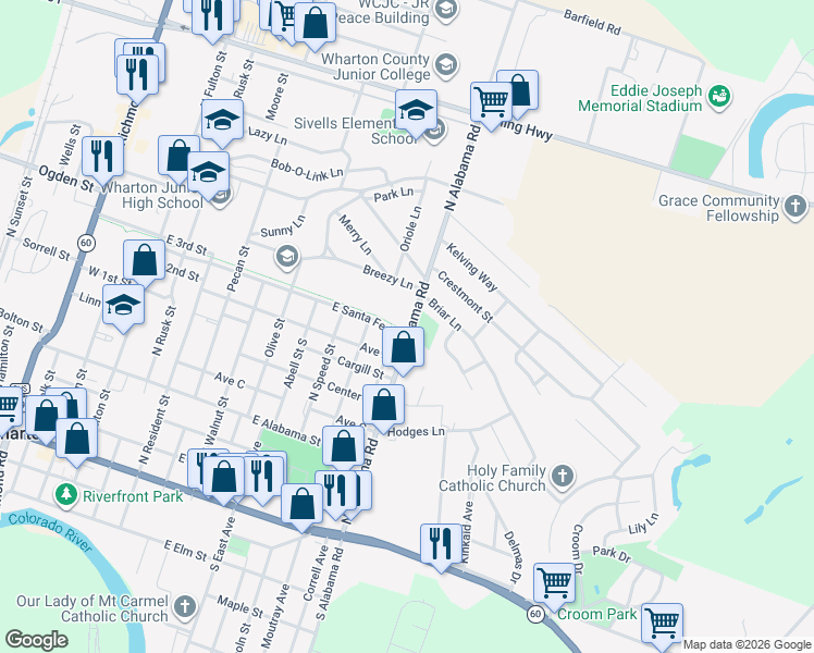 map of restaurants, bars, coffee shops, grocery stores, and more near 1017 1/2 North Alabama Road in Wharton