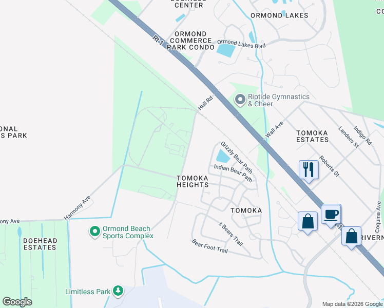 map of restaurants, bars, coffee shops, grocery stores, and more near 863 Hull Road in Ormond Beach