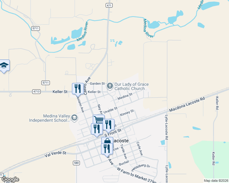 map of restaurants, bars, coffee shops, grocery stores, and more near 16033 Bexar Street in LaCoste
