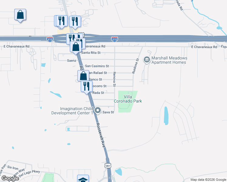 map of restaurants, bars, coffee shops, grocery stores, and more near 10102 Renova Street in San Antonio