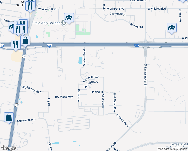 map of restaurants, bars, coffee shops, grocery stores, and more near 10014 Catfish Hollow in San Antonio