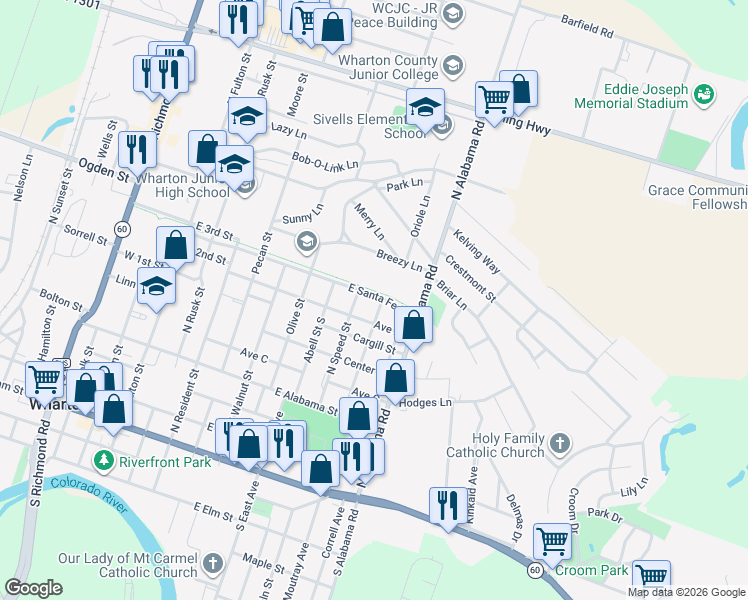 map of restaurants, bars, coffee shops, grocery stores, and more near 1017 1/2 North Alabama Road in Wharton