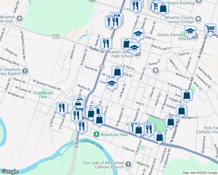 map of restaurants, bars, coffee shops, grocery stores, and more near 117 Linn Street in Wharton