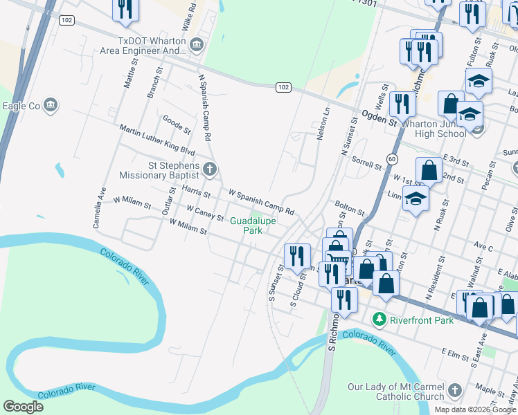 map of restaurants, bars, coffee shops, grocery stores, and more near 923 West Spanish Camp Road in Wharton