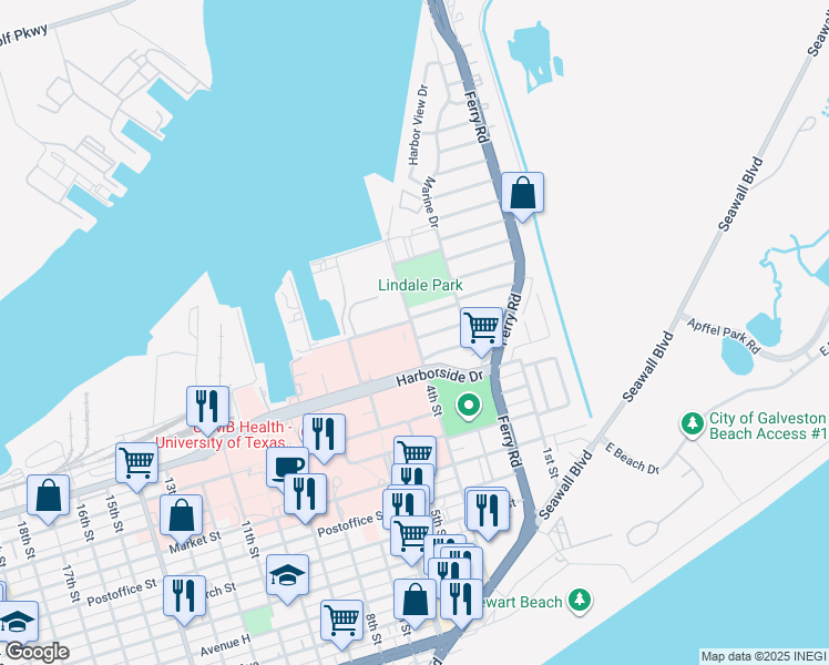 map of restaurants, bars, coffee shops, grocery stores, and more near 7136 North Holiday Drive in Galveston