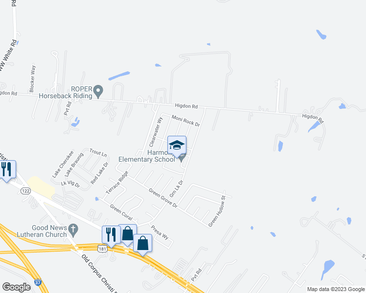 map of restaurants, bars, coffee shops, grocery stores, and more near Freshwater Way in San Antonio