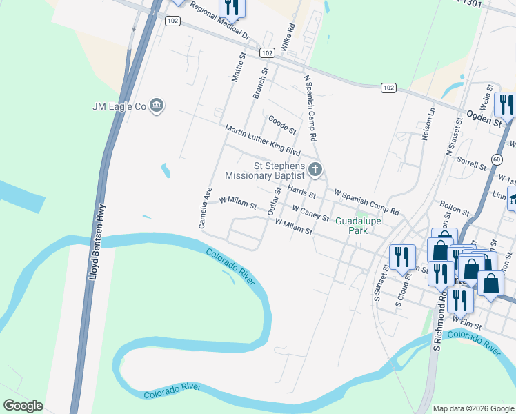 map of restaurants, bars, coffee shops, grocery stores, and more near 1618 West Milam Street in Wharton