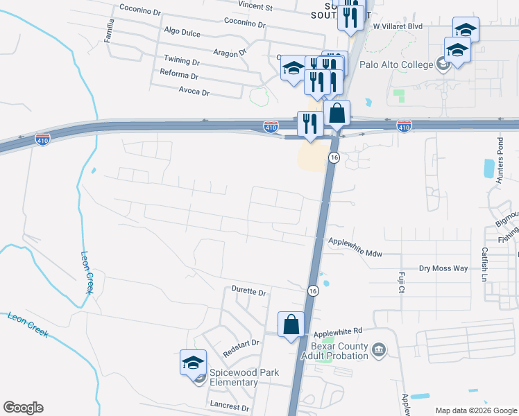 map of restaurants, bars, coffee shops, grocery stores, and more near 3119 Mission Bell in San Antonio