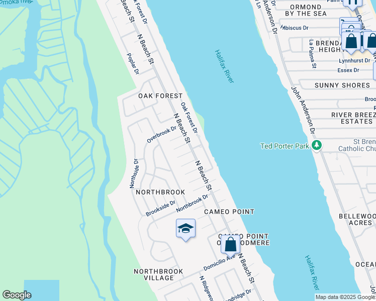 map of restaurants, bars, coffee shops, grocery stores, and more near 2 Avenue Bonita in Ormond Beach