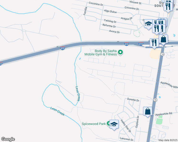 map of restaurants, bars, coffee shops, grocery stores, and more near 10405 Poteet Jourdanton Freeway in San Antonio