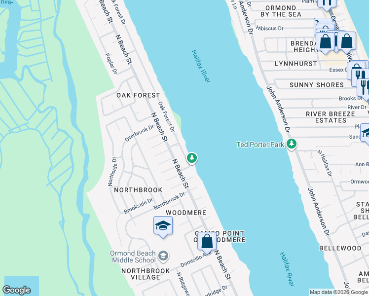 map of restaurants, bars, coffee shops, grocery stores, and more near 1211 Oak Forest Drive in Ormond Beach