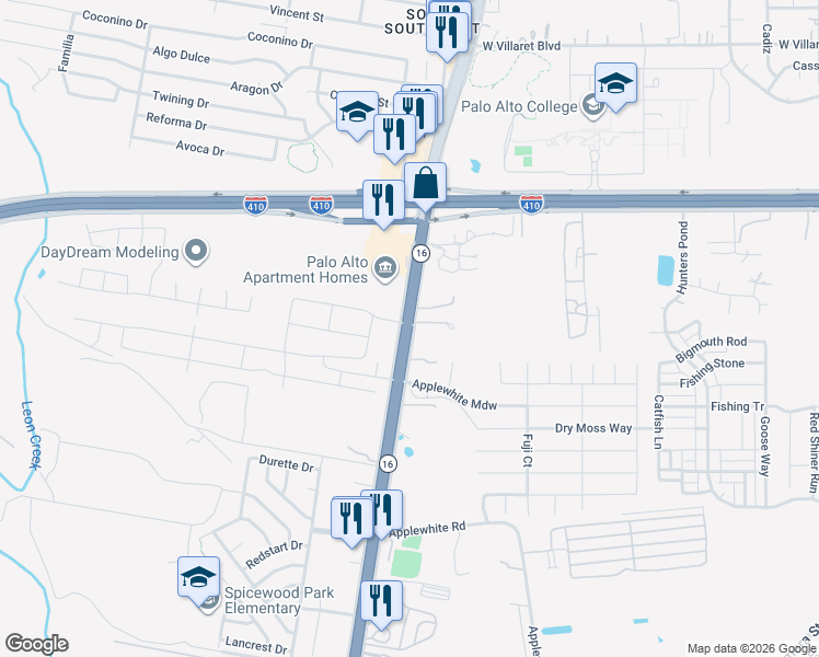 map of restaurants, bars, coffee shops, grocery stores, and more near 10222 Highway 16 in San Antonio