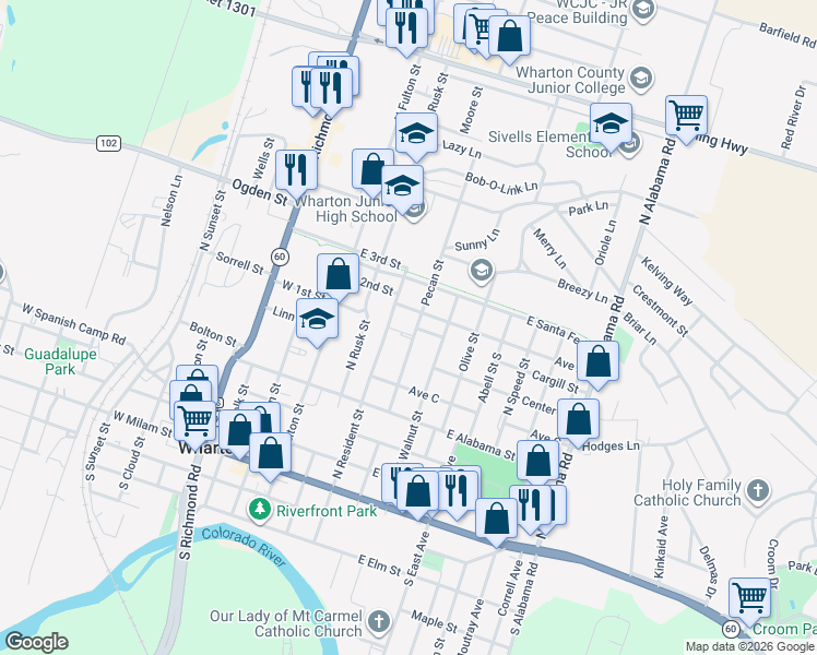 map of restaurants, bars, coffee shops, grocery stores, and more near 400 Avenue A in Wharton