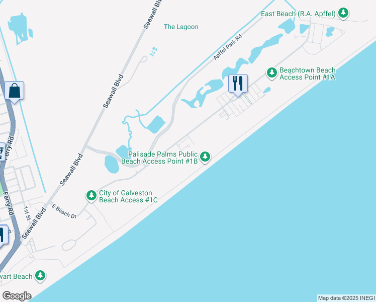 map of restaurants, bars, coffee shops, grocery stores, and more near 801 East Beach Drive in Galveston