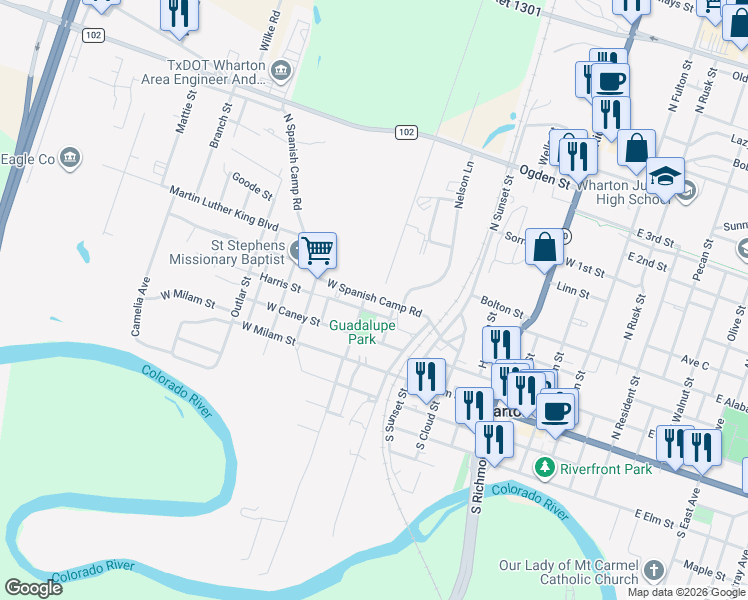 map of restaurants, bars, coffee shops, grocery stores, and more near 923 West Spanish Camp Road in Wharton
