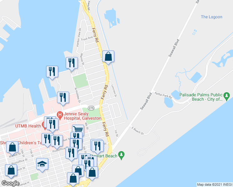 map of restaurants, bars, coffee shops, grocery stores, and more near 10 Lyncrest Drive in Galveston