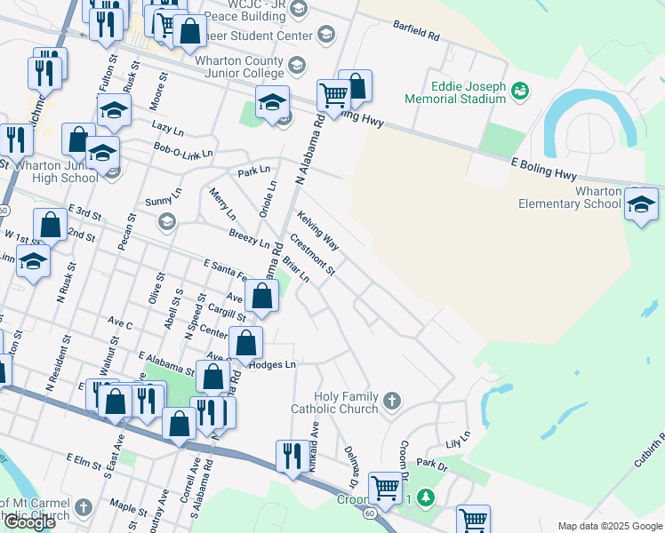 map of restaurants, bars, coffee shops, grocery stores, and more near 1321 Crestmont Street in Wharton