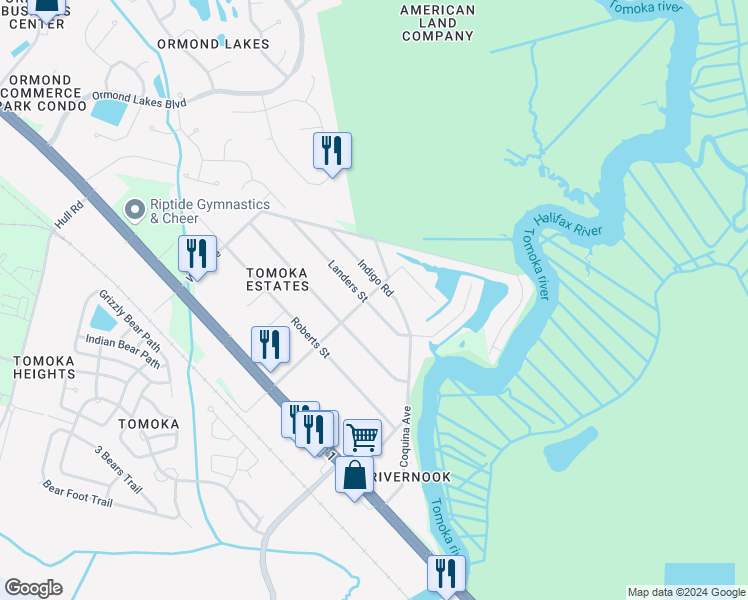 map of restaurants, bars, coffee shops, grocery stores, and more near 1095 Landers Street in Ormond Beach