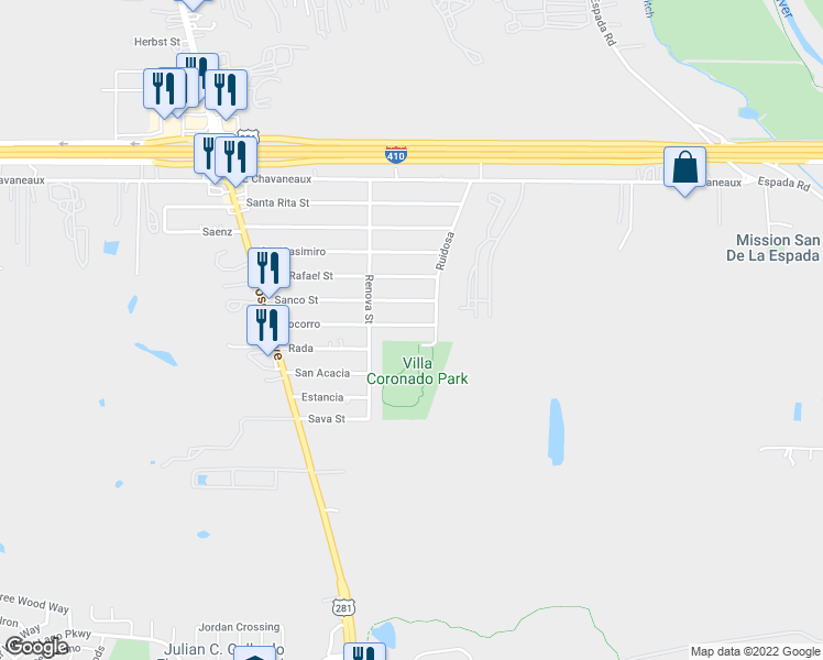 map of restaurants, bars, coffee shops, grocery stores, and more near 1710 Socorro in San Antonio