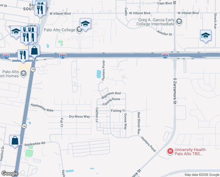 map of restaurants, bars, coffee shops, grocery stores, and more near 2111 Bigmouth Hook in San Antonio