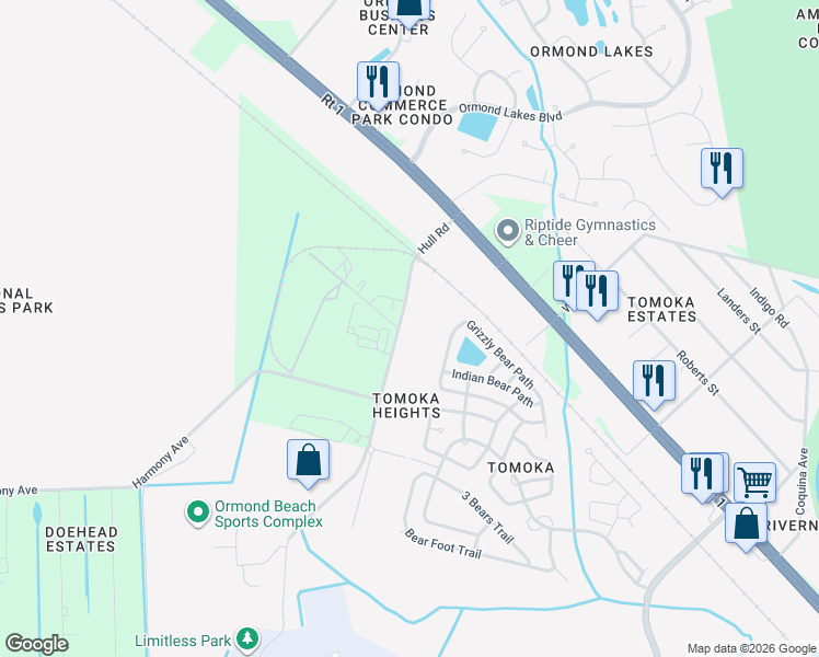 map of restaurants, bars, coffee shops, grocery stores, and more near 863 Hull Road in Ormond Beach
