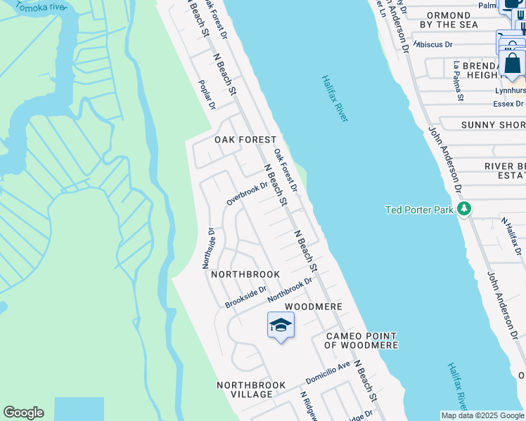 map of restaurants, bars, coffee shops, grocery stores, and more near 9 Larisa Terrace in Ormond Beach