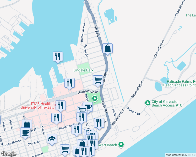 map of restaurants, bars, coffee shops, grocery stores, and more near 121 Tuna Street in Galveston
