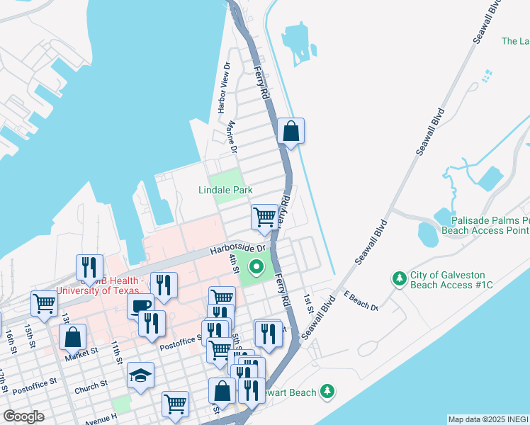 map of restaurants, bars, coffee shops, grocery stores, and more near 125 Tuna Avenue in Galveston