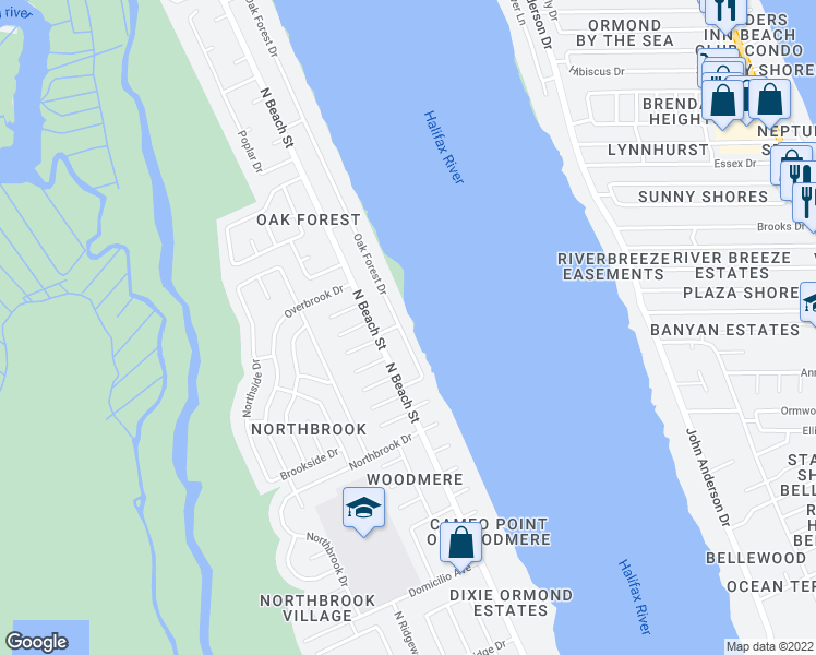 map of restaurants, bars, coffee shops, grocery stores, and more near 1211 Oak Forest Drive in Ormond Beach