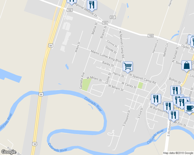 map of restaurants, bars, coffee shops, grocery stores, and more near 1618 West Milam Street in Wharton