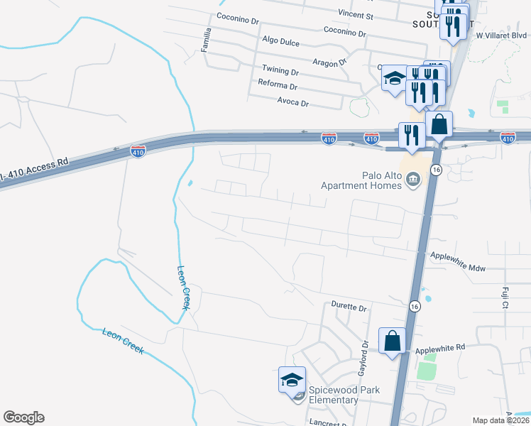 map of restaurants, bars, coffee shops, grocery stores, and more near 10363 Texas 16 in San Antonio