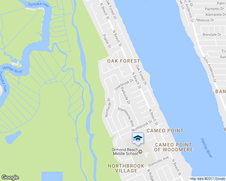 map of restaurants, bars, coffee shops, grocery stores, and more near 1316 Overbrook Drive in Ormond Beach