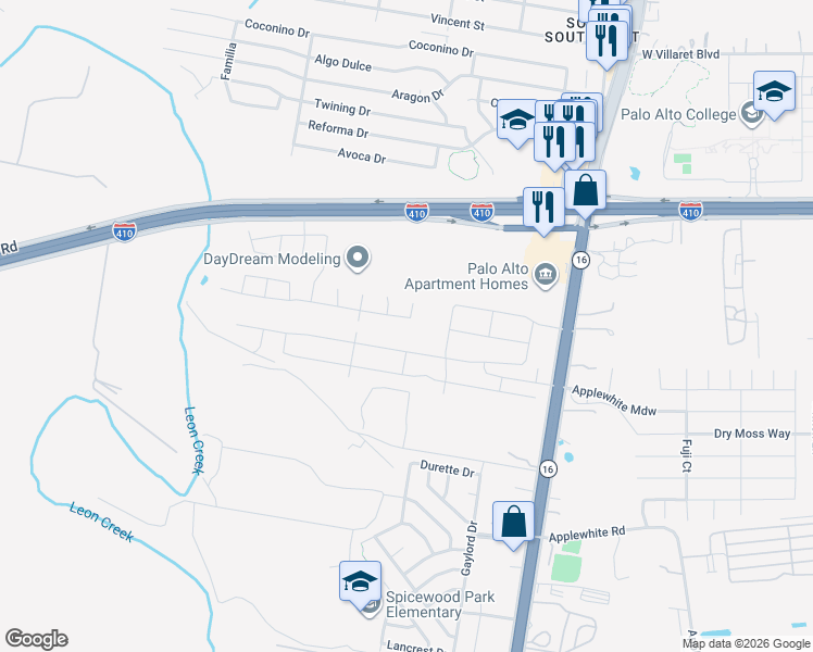 map of restaurants, bars, coffee shops, grocery stores, and more near 10357 Highway 16 in San Antonio