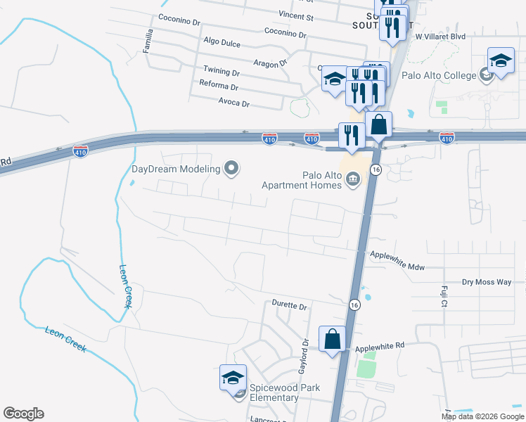 map of restaurants, bars, coffee shops, grocery stores, and more near 10357 Highway 16 in San Antonio